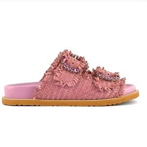 Anthropologie Coral Blue Italian Woven Leather Jeweled Footbed Buckle Sandal 8.5